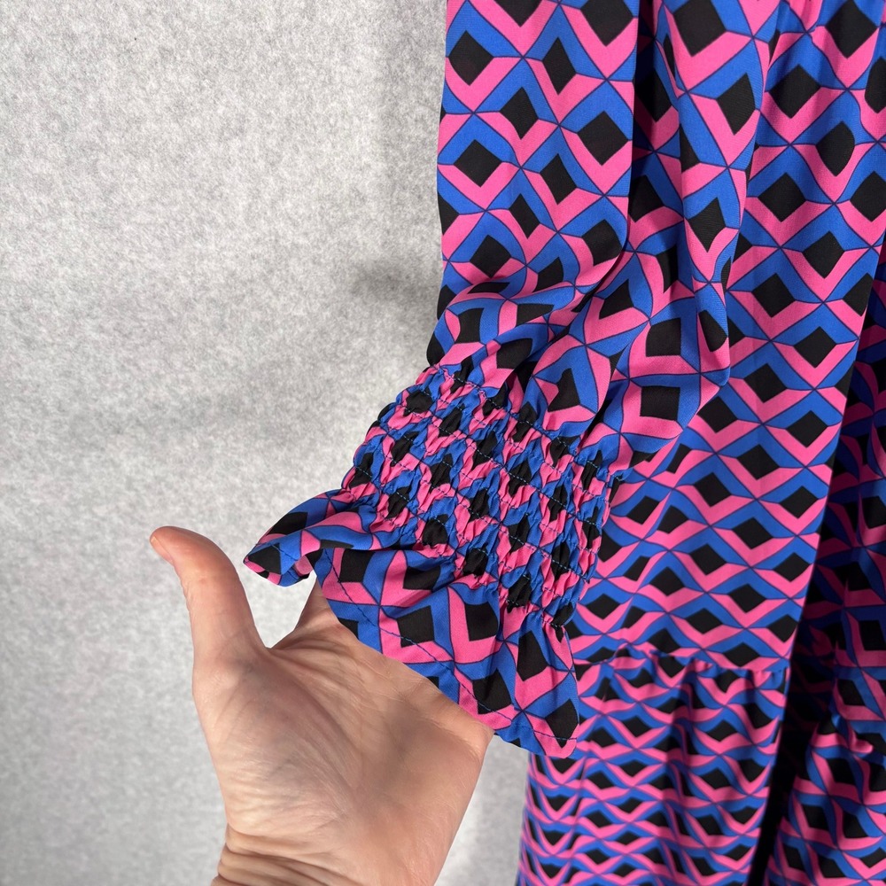 Pretty Garden Tiered Midi Dress XL Pink‎ Blue Geometric Smocked Retro Maximalist - Picture 4 of 13